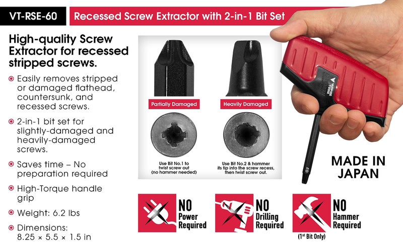 VAMPLIERS Recessed Screw Extractor, Phillips Screw Head 2 Bit Set. Made in Japan. Specially Designed to Remove Damaged/Stripped Countersunk Flathead Screws. High Torque Handle Grip. - Image 3